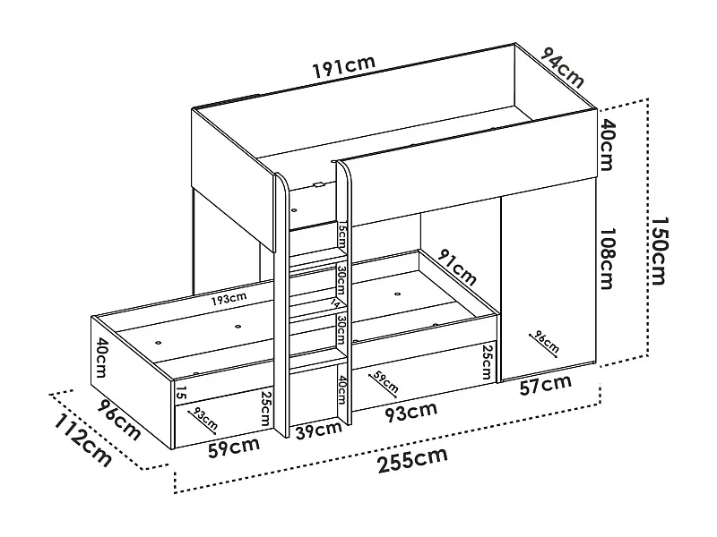 Lit enfant Marmolada, Chambre complète avec armoire et tiroirs, Composition de lits superposés avec deux lits simples, 255x112h150 cm, Blanc et Chêne