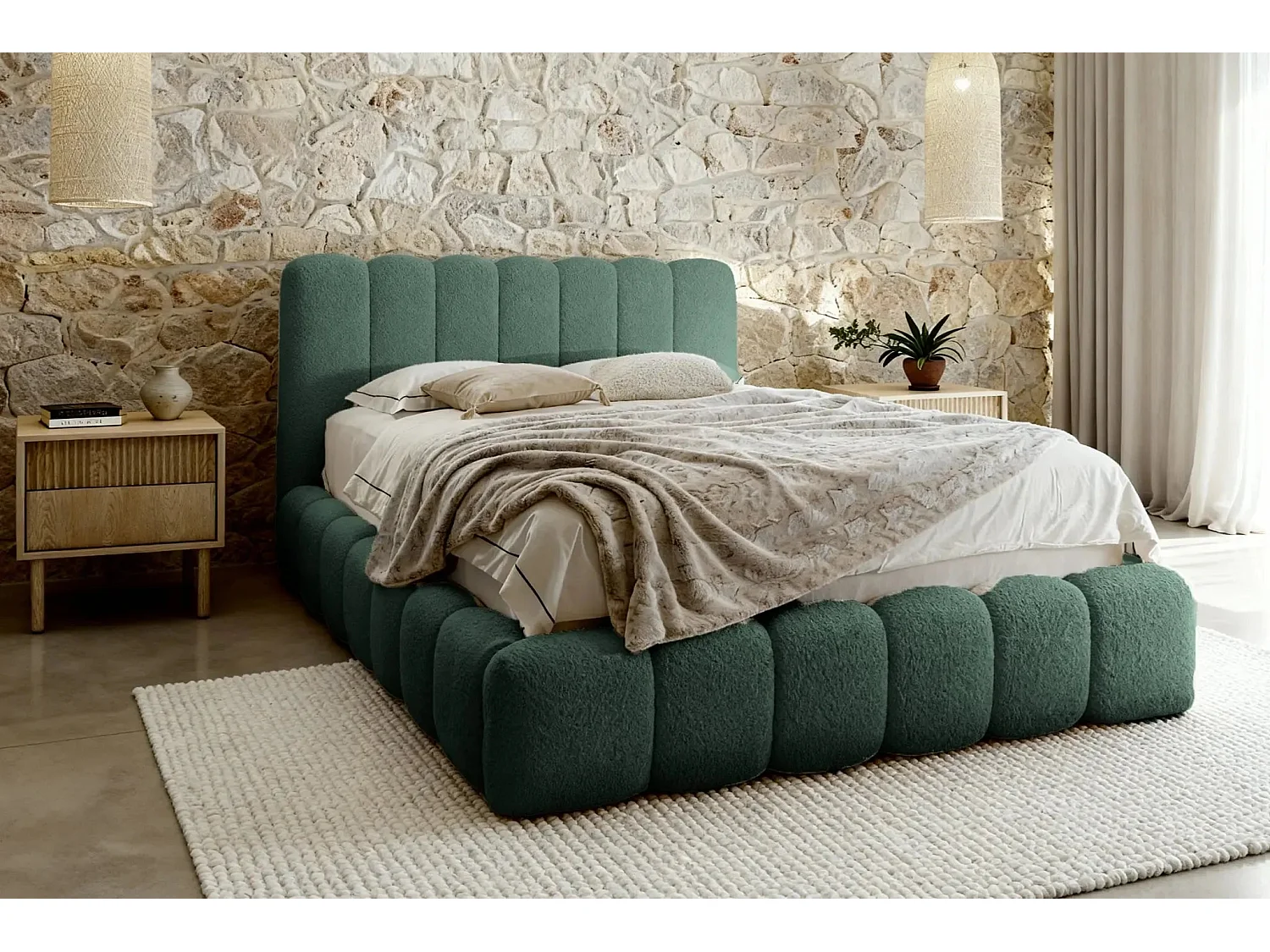 GARANCE - Lit coffre tissu chenille 160x200cm - Vert