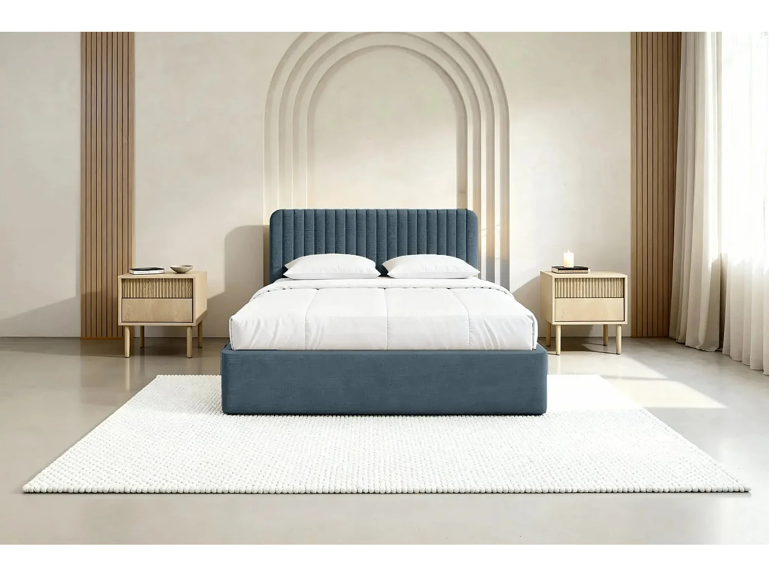 JEANNE - Lit coffre tissu velours 160x200cm - Bleu