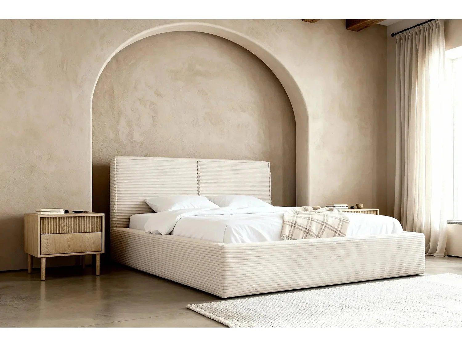 ELOISE - Lit coffre velours côtelé 160x200cm - Beige