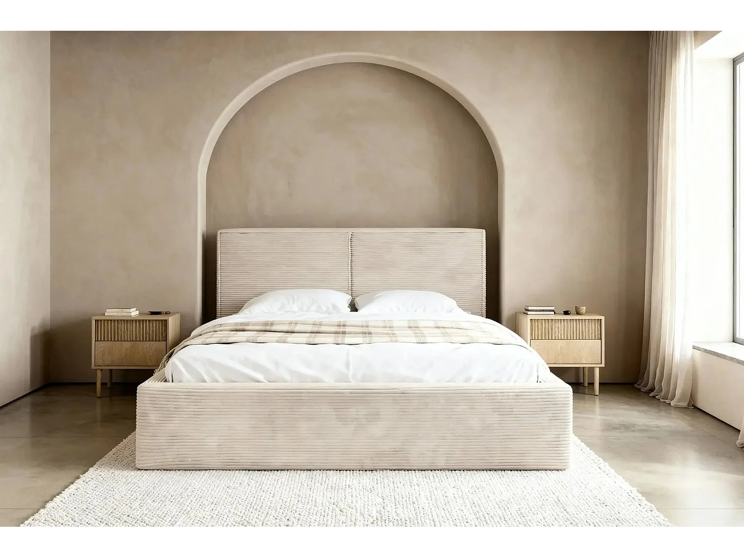 ELOISE - Lit coffre velours côtelé 160x200cm - Beige