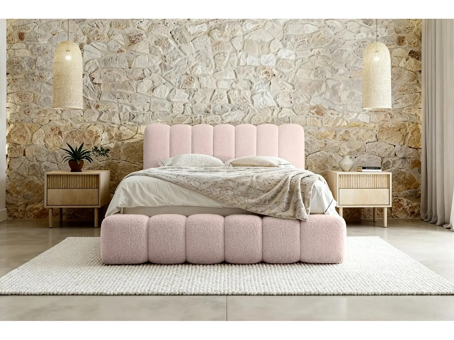 GARANCE - Lit coffre tissu chenille 180x200cm - Rose