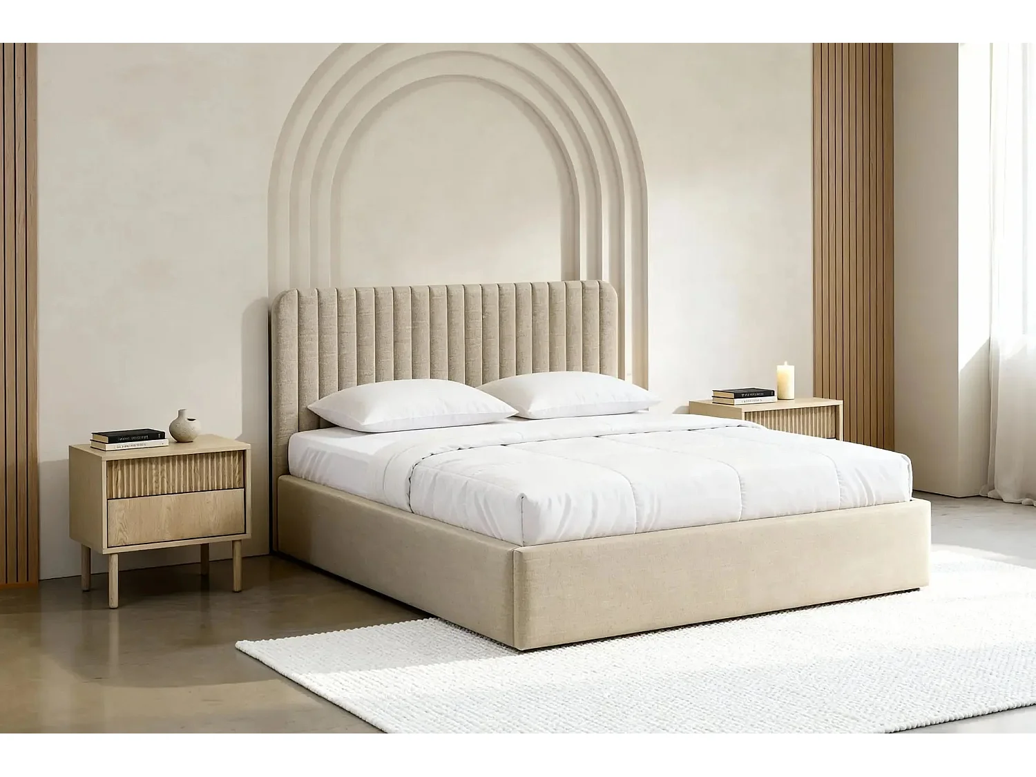 JEANNE - Lit coffre tissu velours 160x200cm - Beige