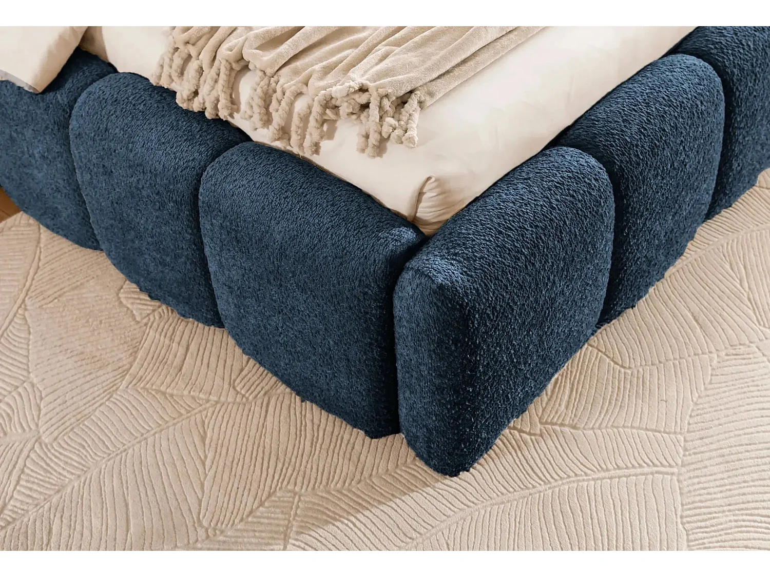 ELISE - Lit coffre tissu bouclette 160x200cm Bleu foncé
