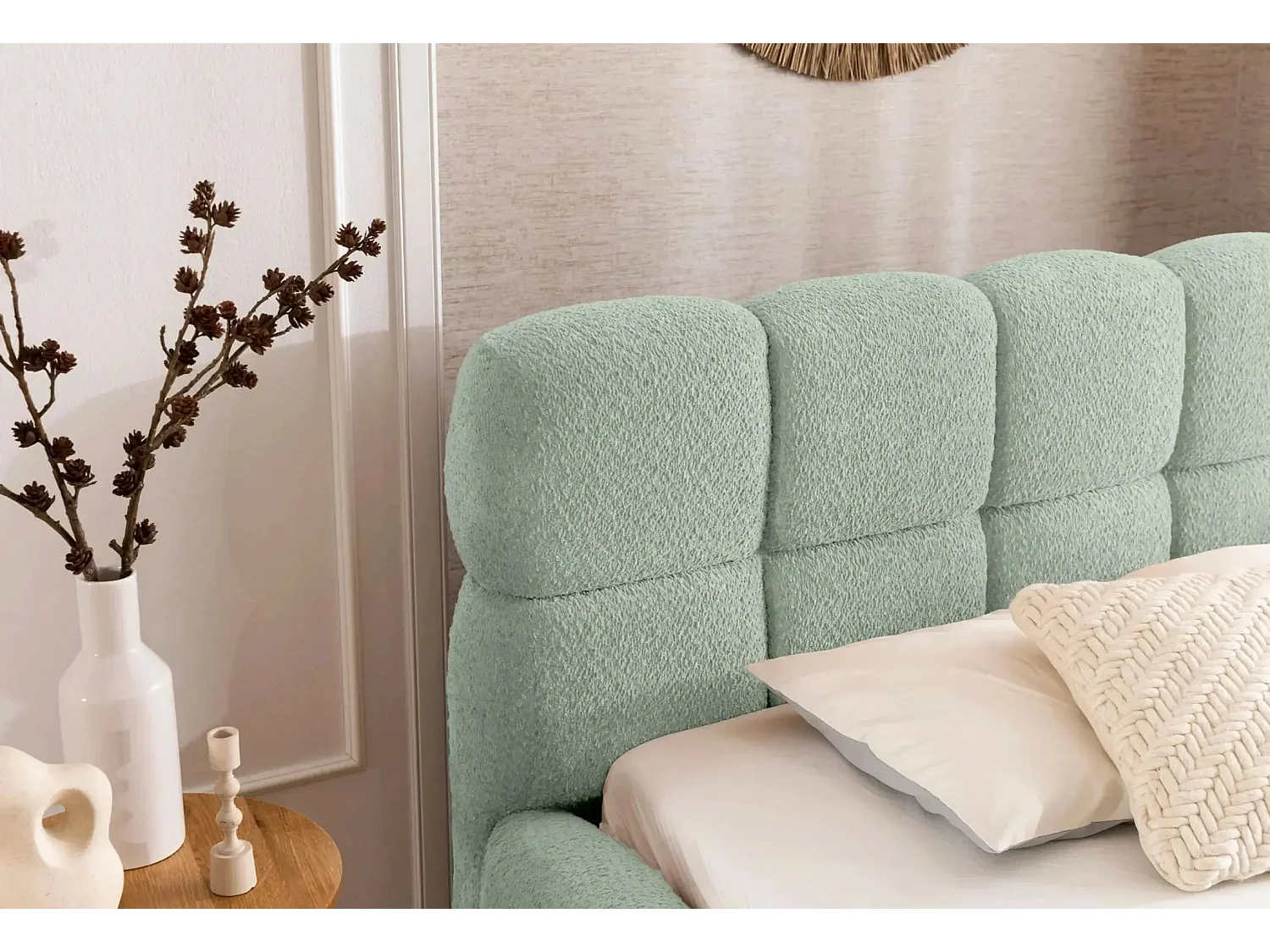 ELISE - Lit coffre tissu bouclette 160x200cm Vert eau