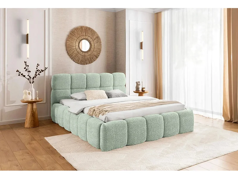 ELISE - Lit coffre tissu bouclette 160x200cm - Vert eau