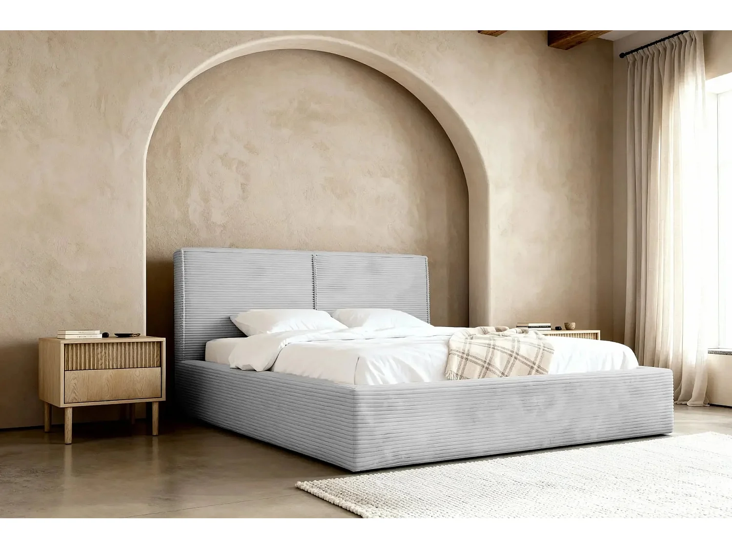 ELOISE - Lit coffre velours côtelé 140x200cm - Gris clair