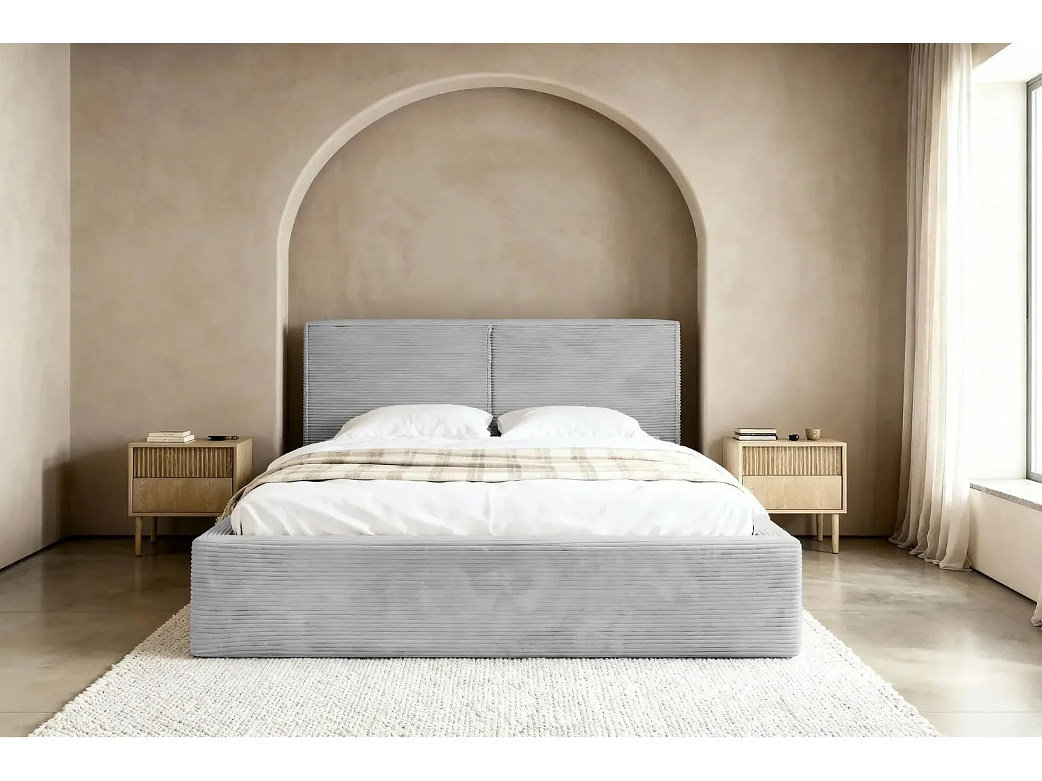 ELOISE - Lit coffre velours côtelé 140x200cm - Gris clair