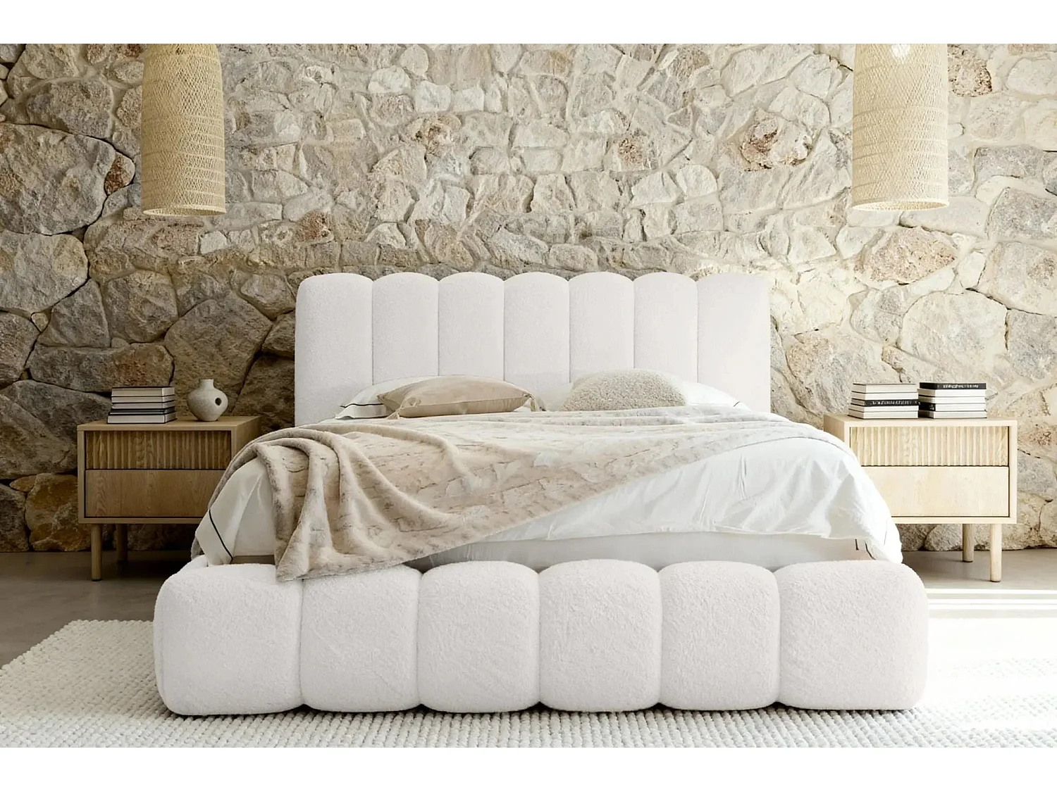 GARANCE - Lit coffre tissu chenille 160x200cm - Blanc