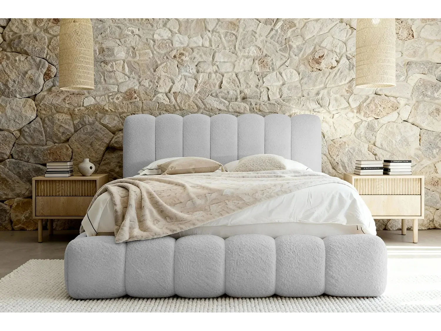 GARANCE - Lit coffre tissu chenille 160x200cm - Gris clair