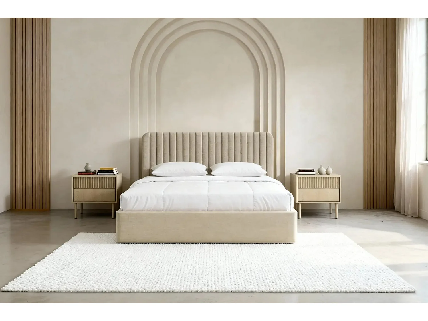 JEANNE - Lit coffre tissu velours 180x200cm - Beige