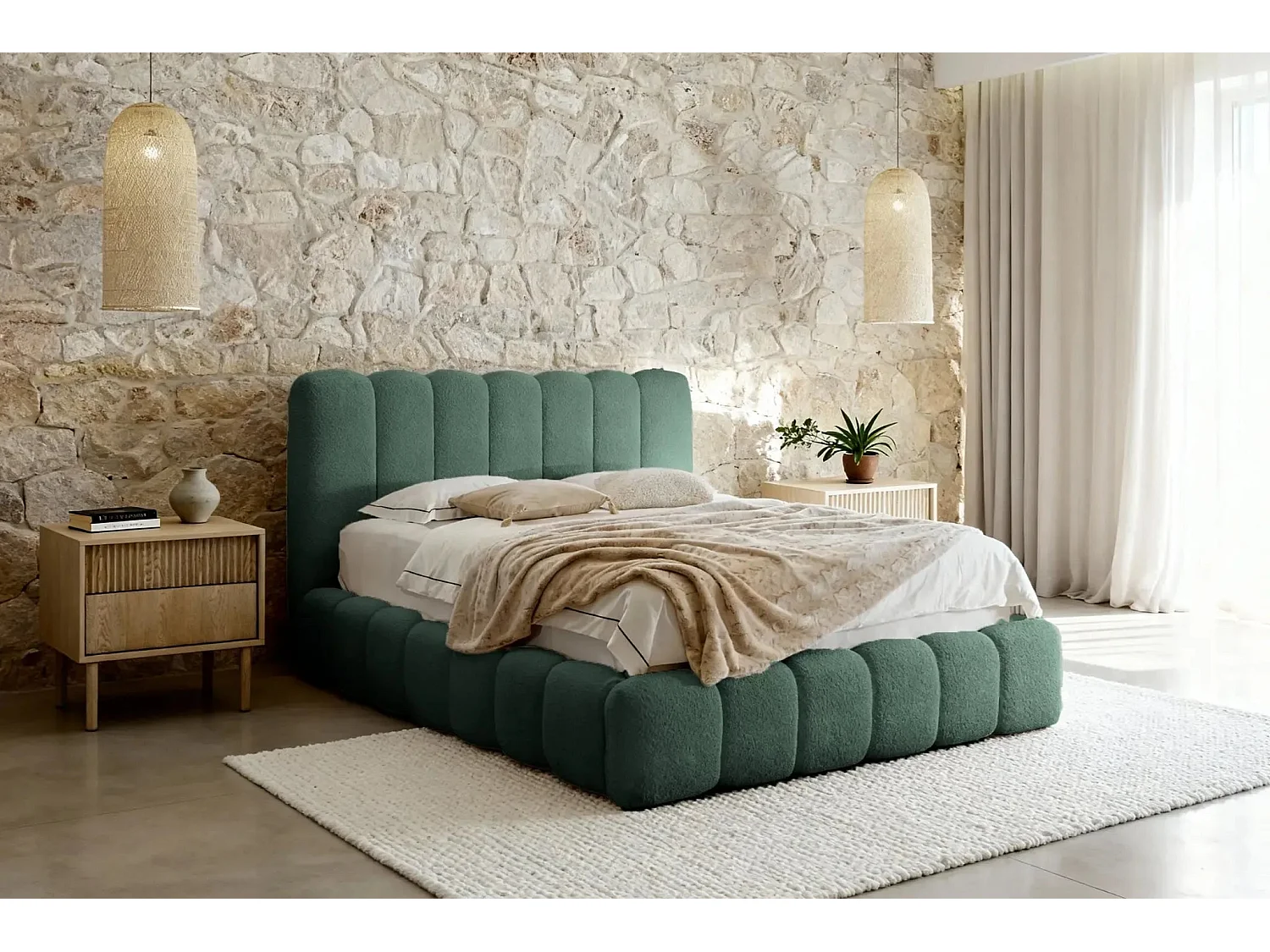 GARANCE - Lit coffre tissu chenille 180x200cm - Vert