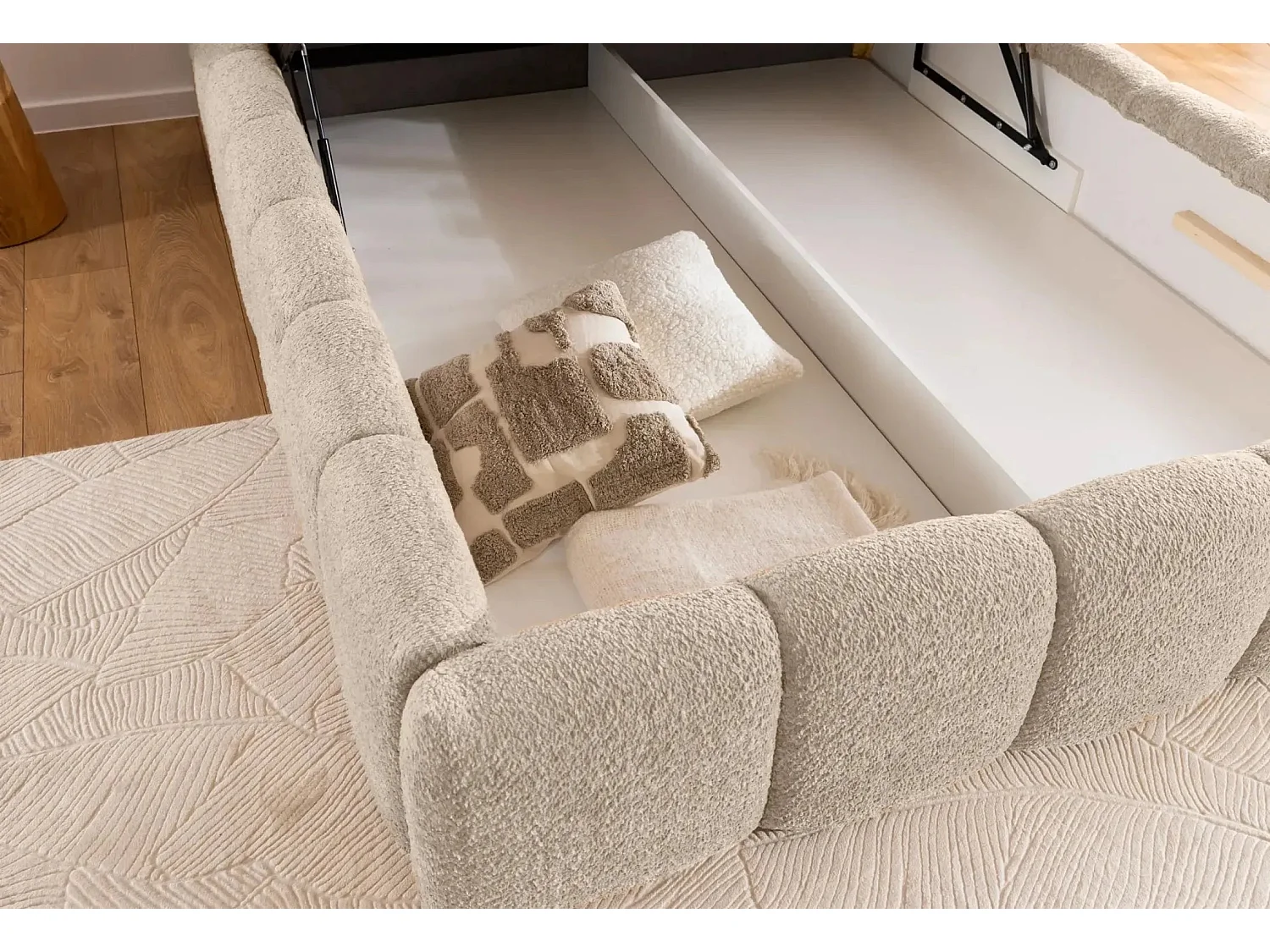 ELISE - Lit coffre tissu bouclette 160x200cm - Beige