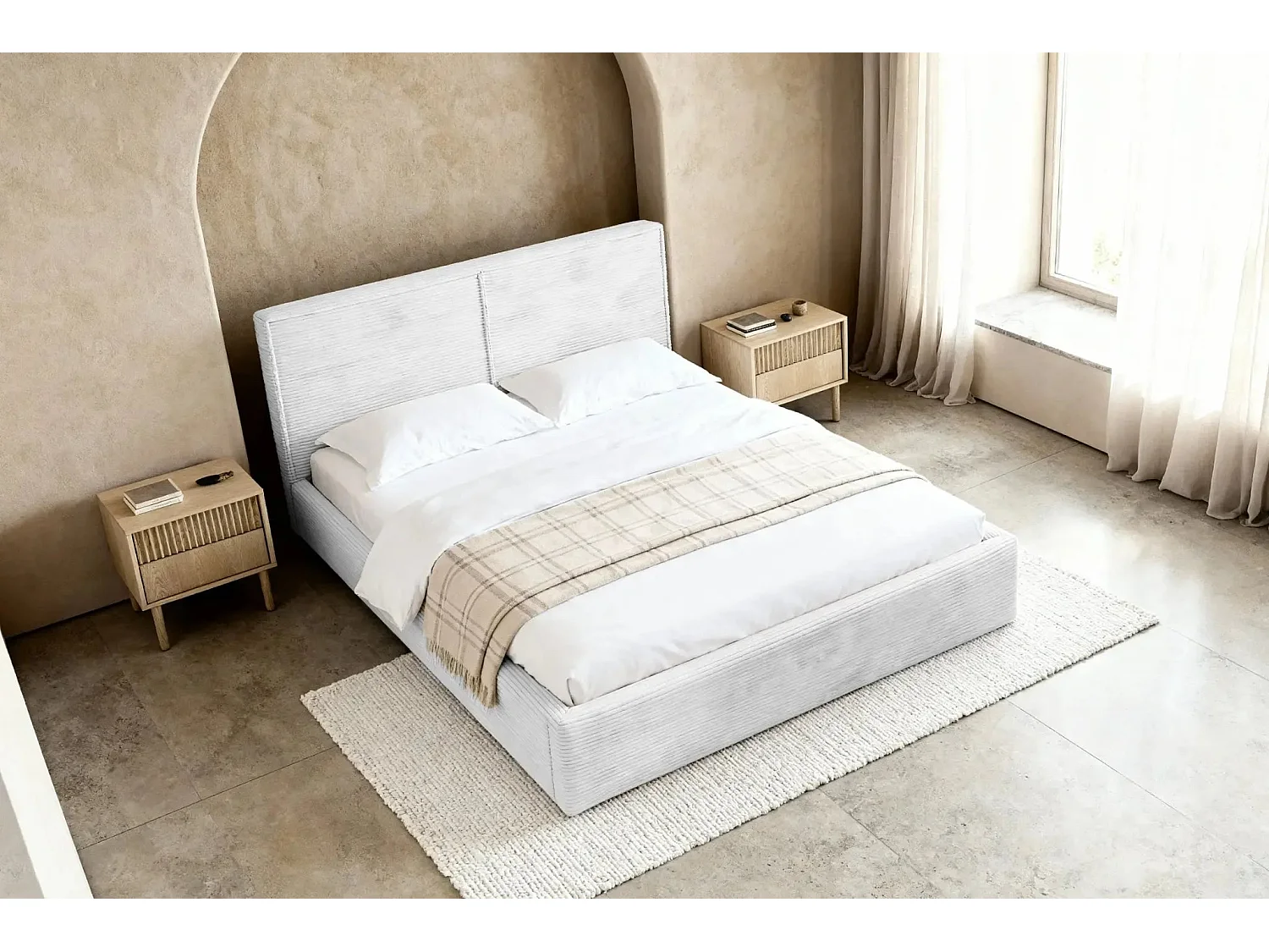 ELOISE - Lit coffre velours côtelé 160x200cm - Blanc