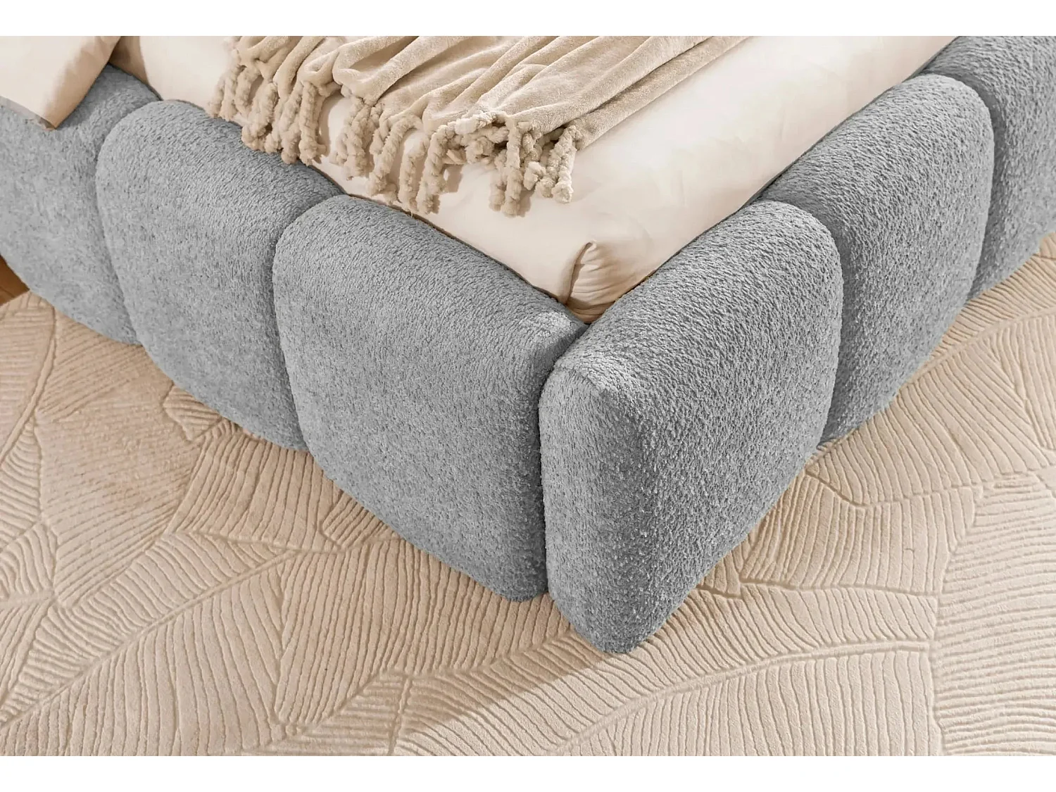 ELISE - Lit coffre tissu bouclette 160x200cm - Gris clair