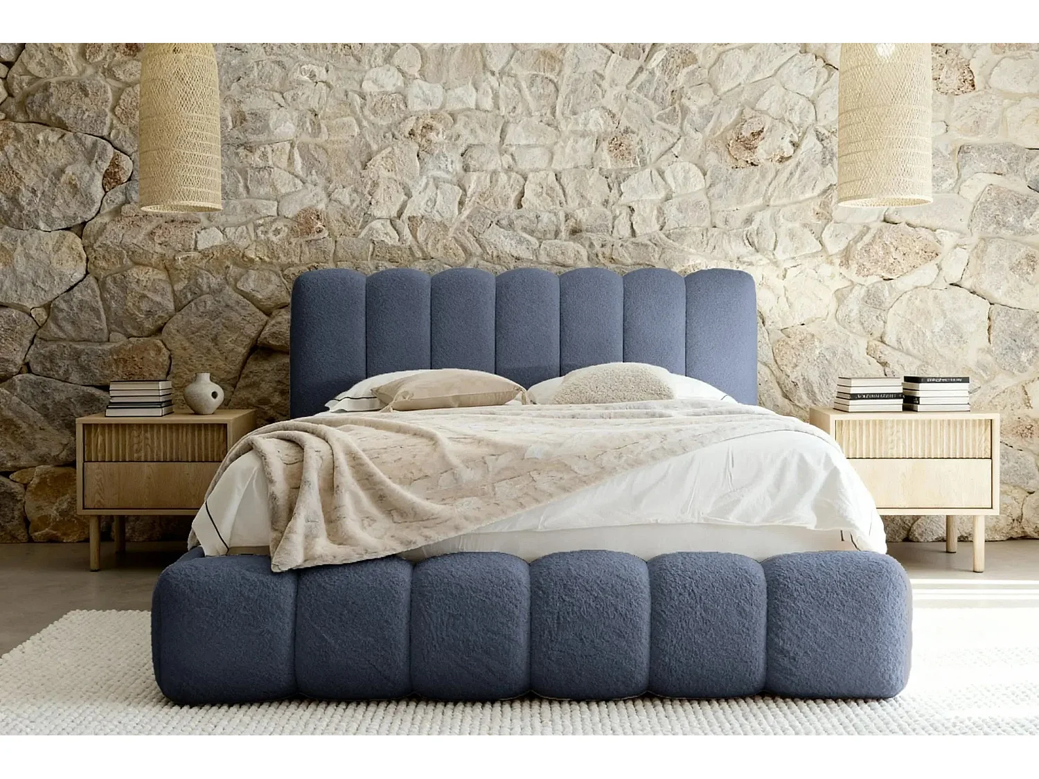 GARANCE - Lit coffre tissu chenille 160x200cm - Bleu