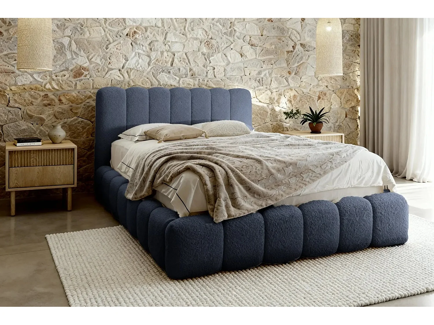 GARANCE - Lit coffre tissu chenille 160x200cm - Bleu