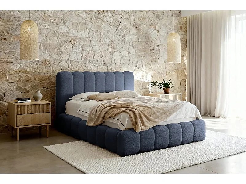 GARANCE - Lit coffre tissu chenille 160x200cm - Bleu