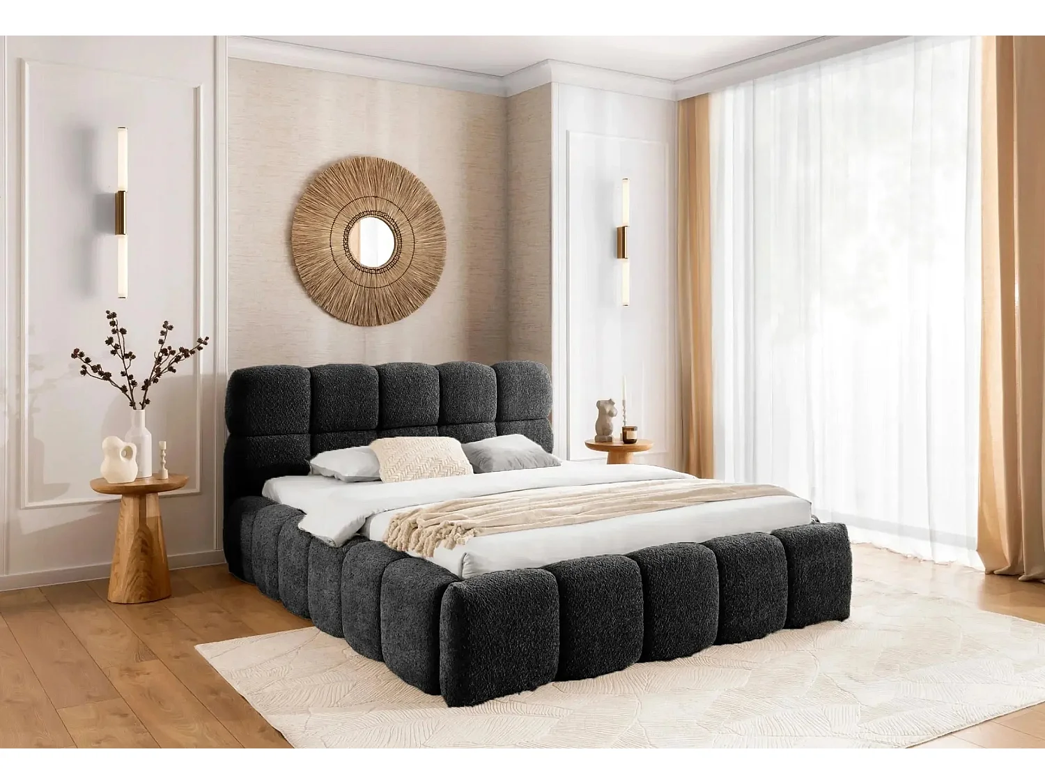 ELISE - Lit coffre tissu bouclette 180x200cm Noir