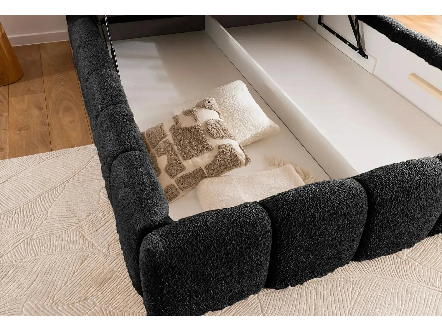 ELISE - Lit coffre tissu bouclette 180x200cm Noir