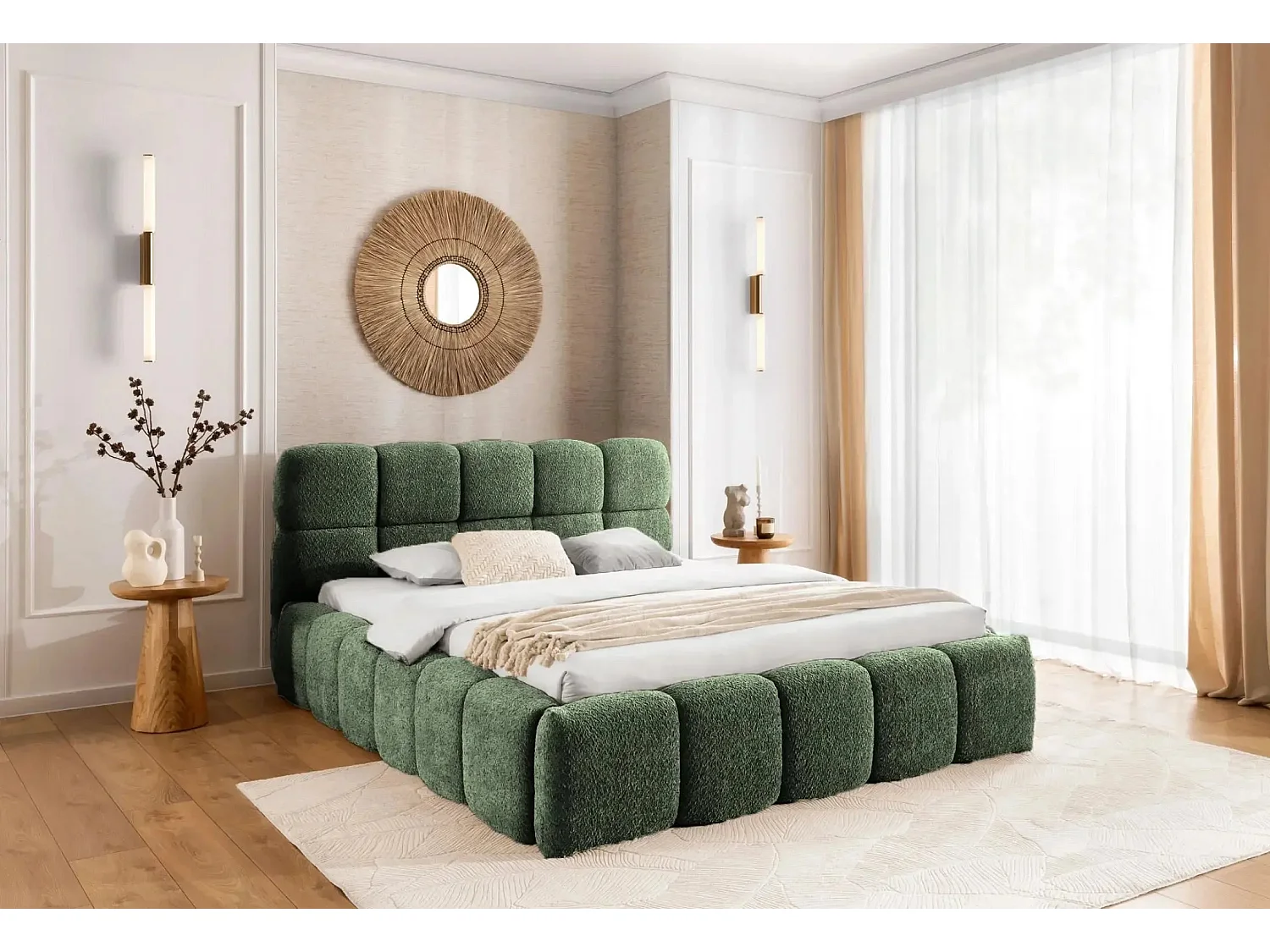 ELISE - Lit coffre tissu bouclette 140x200cm Vert