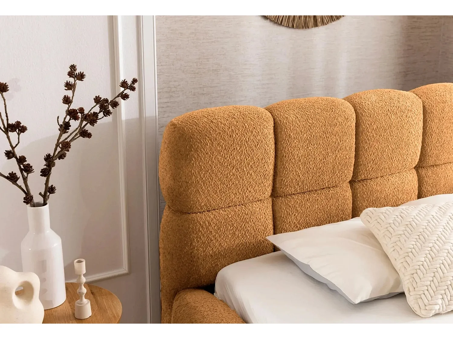 ELISE - Lit coffre tissu bouclette 180x200cm - Terracotta