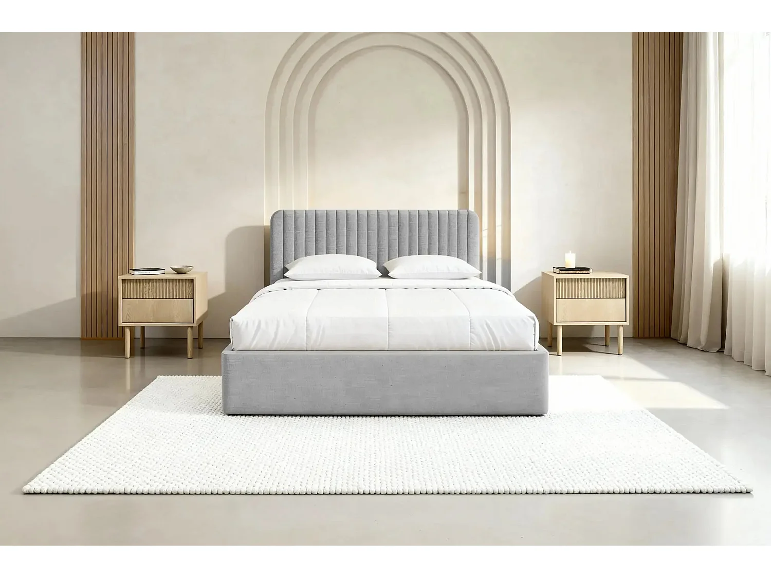 JEANNE - Lit coffre tissu velours 180x200cm - Gris clair