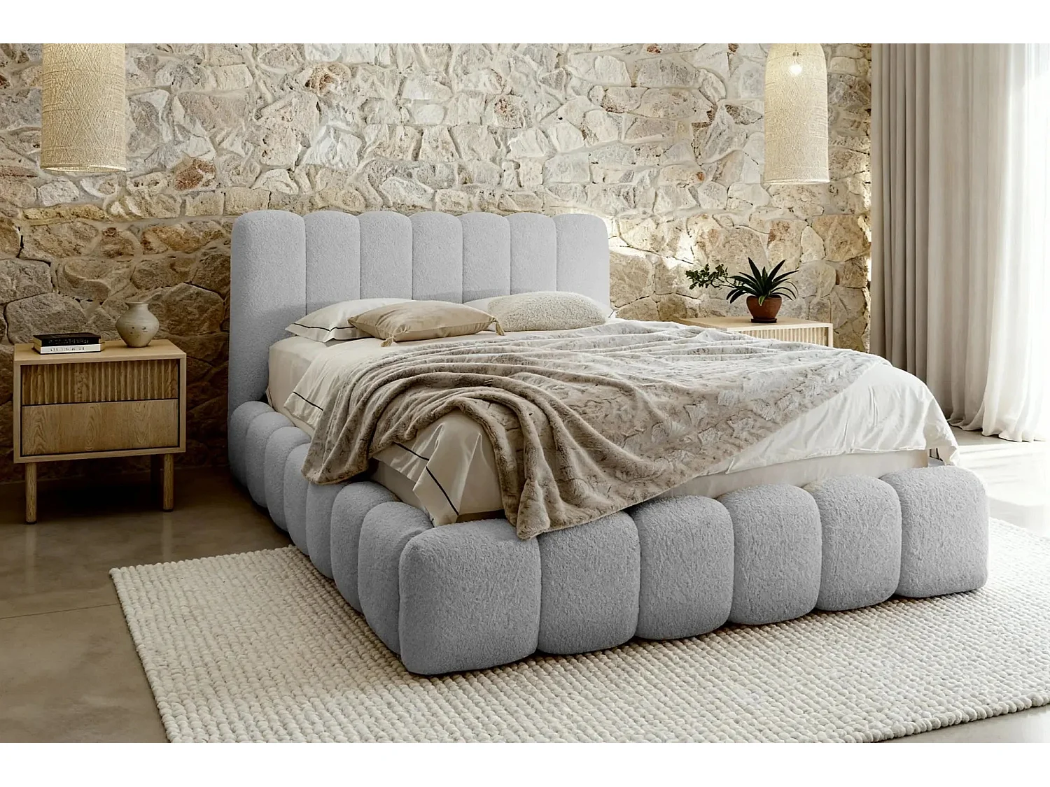 GARANCE - Lit coffre tissu chenille 180x200cm - Gris clair