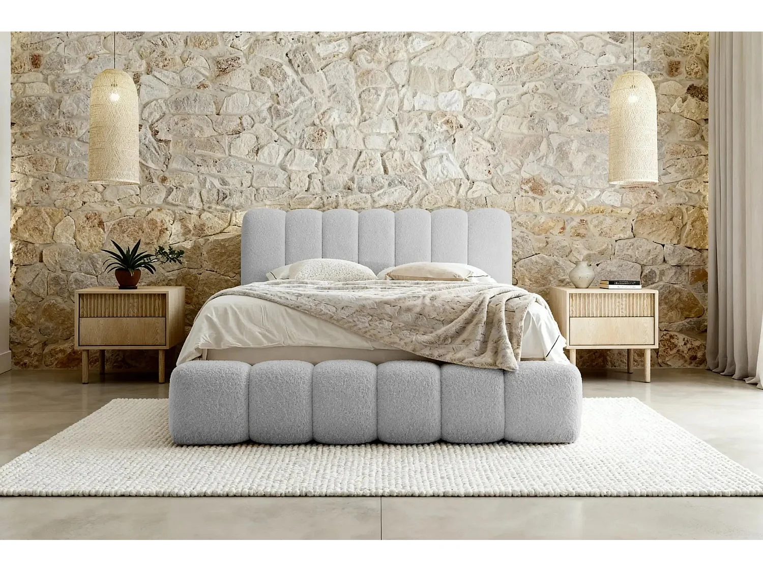 GARANCE - Lit coffre tissu chenille 180x200cm - Gris clair