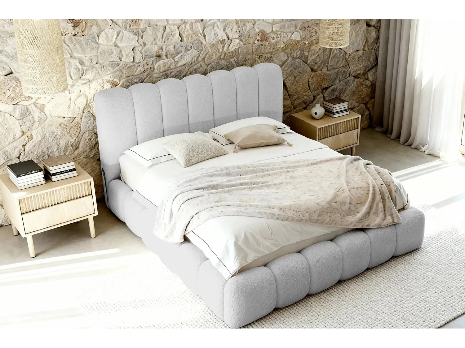 GARANCE - Lit coffre tissu chenille 180x200cm - Gris clair