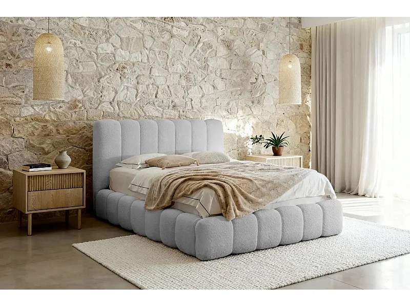 GARANCE - Lit coffre tissu chenille 180x200cm - Gris clair