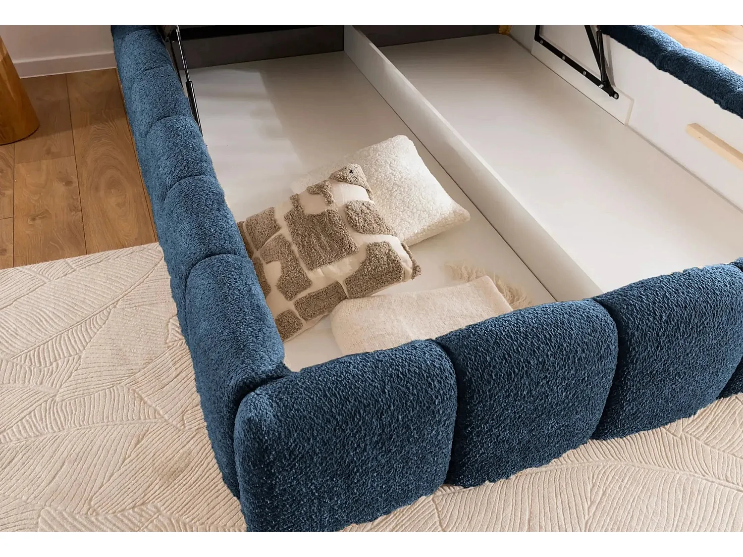 ELISE - Lit coffre tissu bouclette 140x200cm Bleu foncé