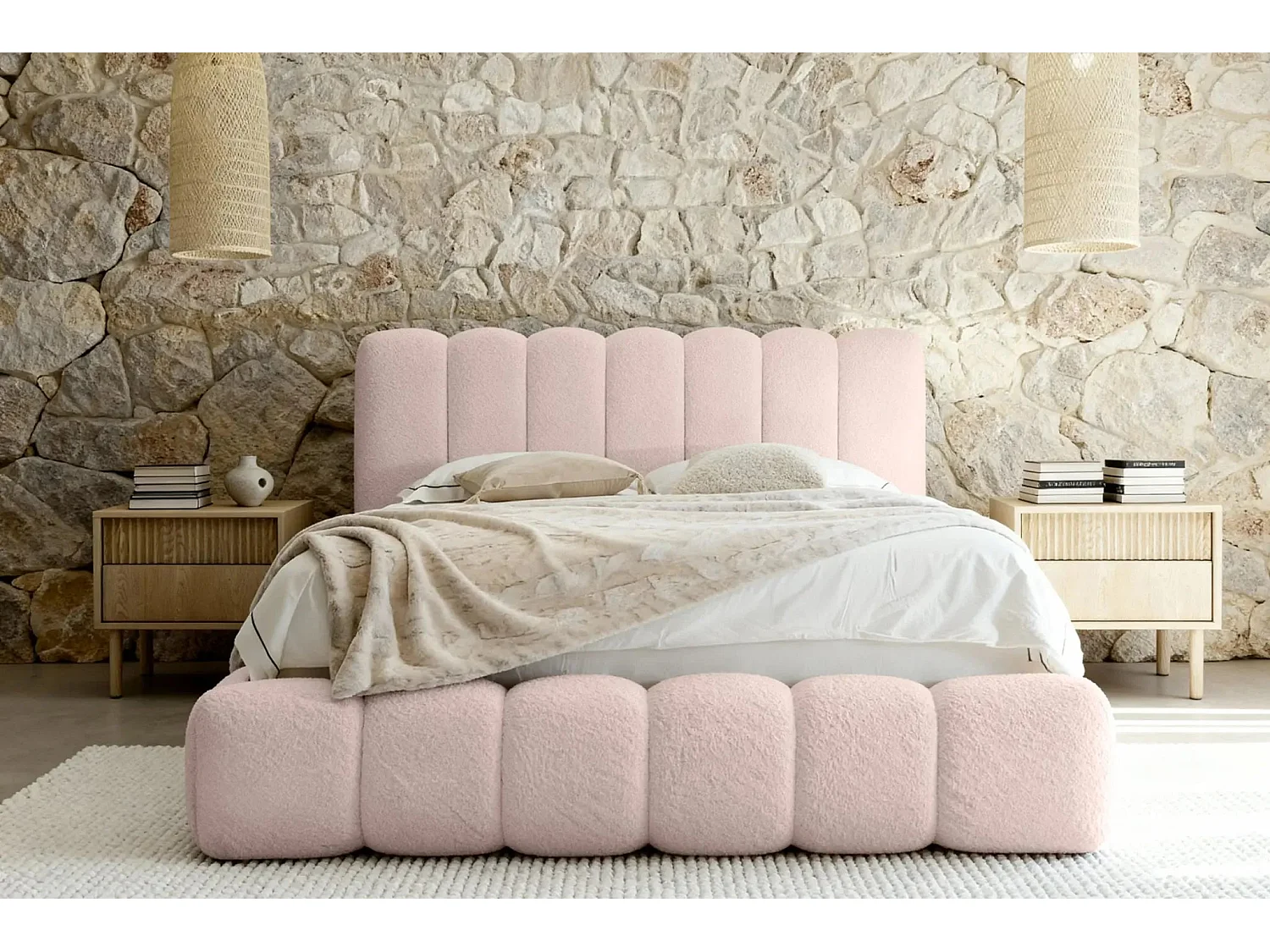 GARANCE - Lit coffre tissu chenille 160x200cm - Rose