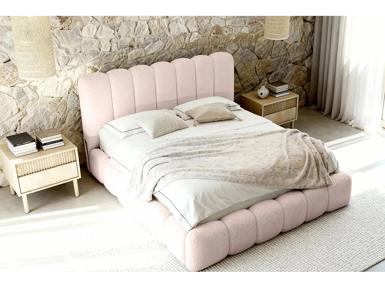 GARANCE - Lit coffre tissu chenille 160x200cm - Rose