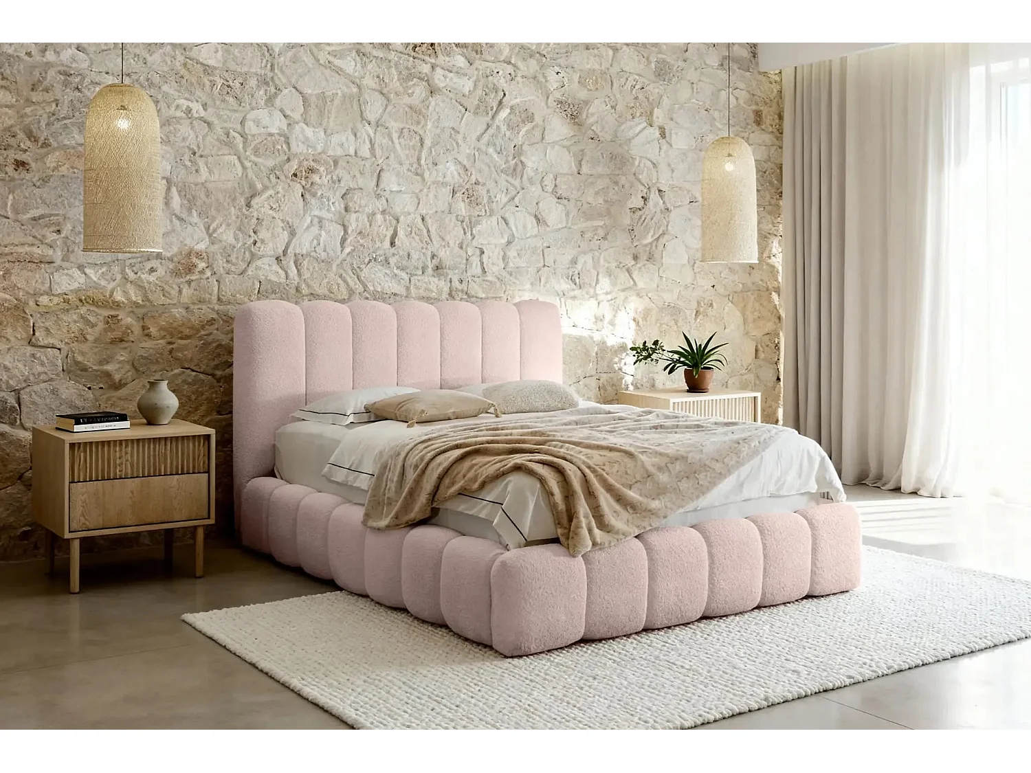 GARANCE - Lit coffre tissu chenille 160x200cm - Rose