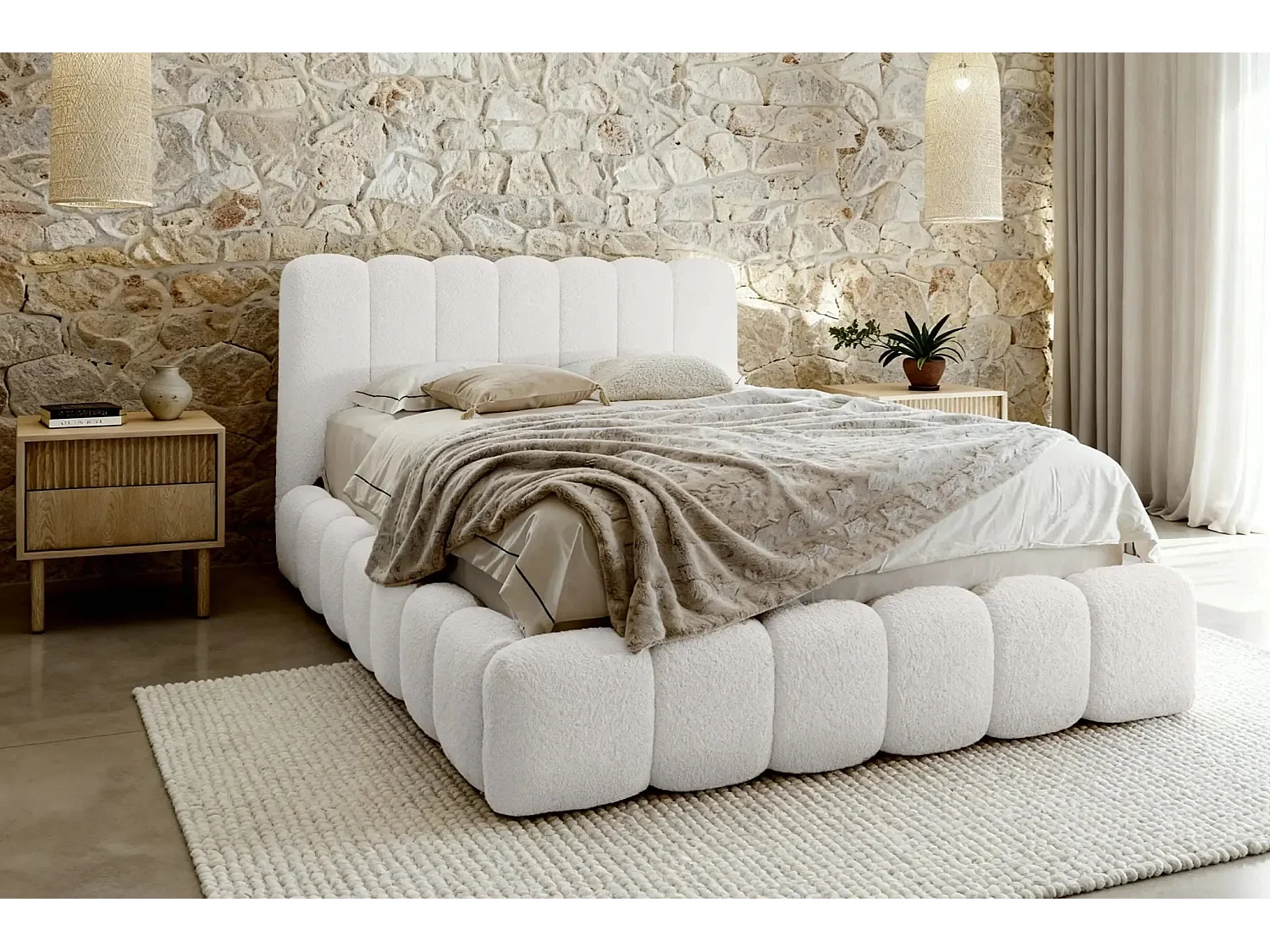 GARANCE - Lit coffre tissu chenille 140x200cm - Blanc