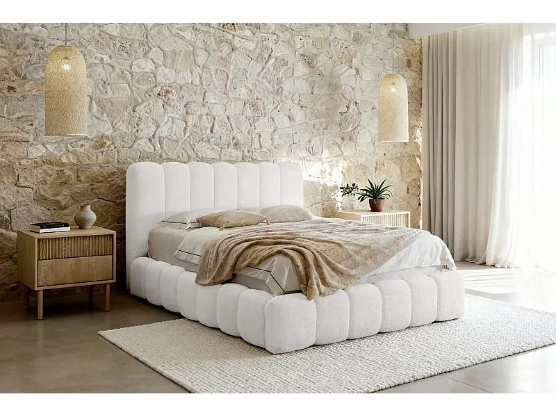 GARANCE - Lit coffre tissu chenille 140x200cm - Blanc