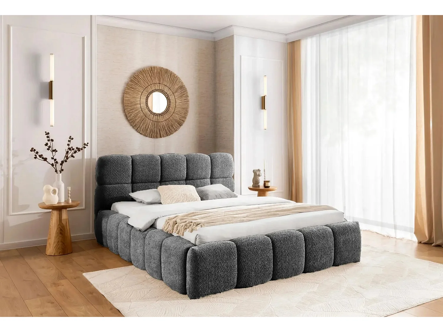 ELISE - Lit coffre tissu bouclette 180x200cm - Gris foncé