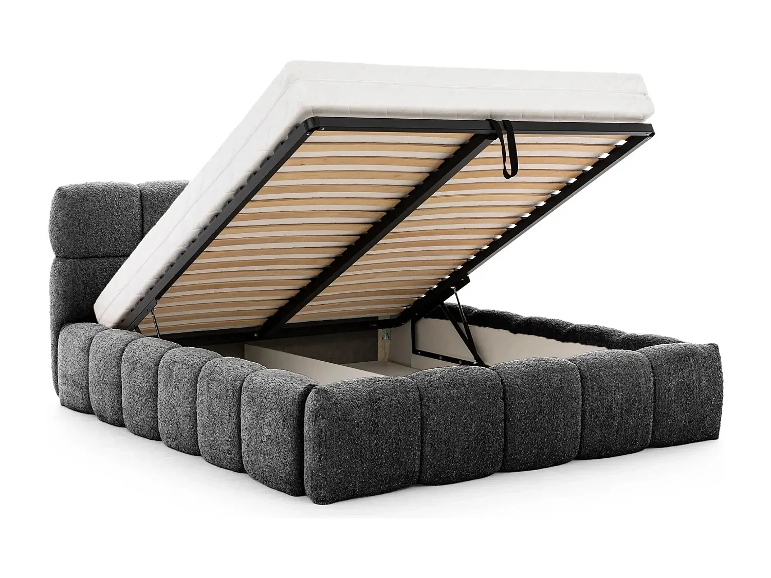 ELISE - Lit coffre tissu bouclette 180x200cm - Gris foncé