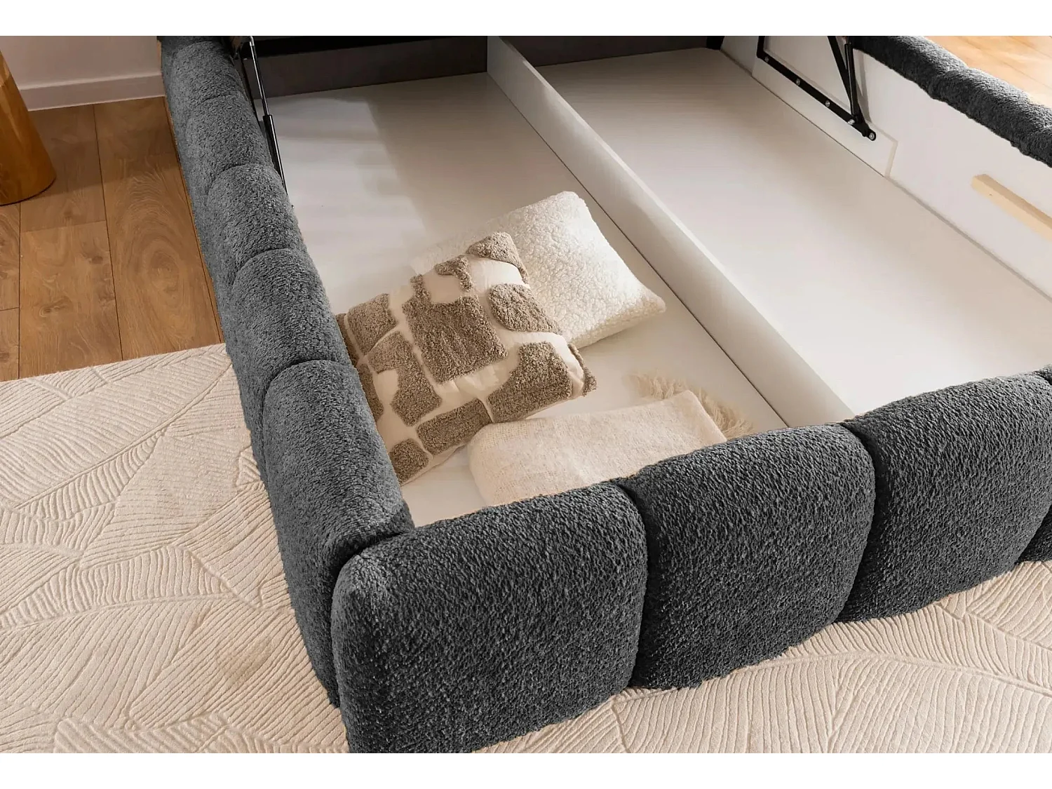 ELISE - Lit coffre tissu bouclette 180x200cm - Gris foncé