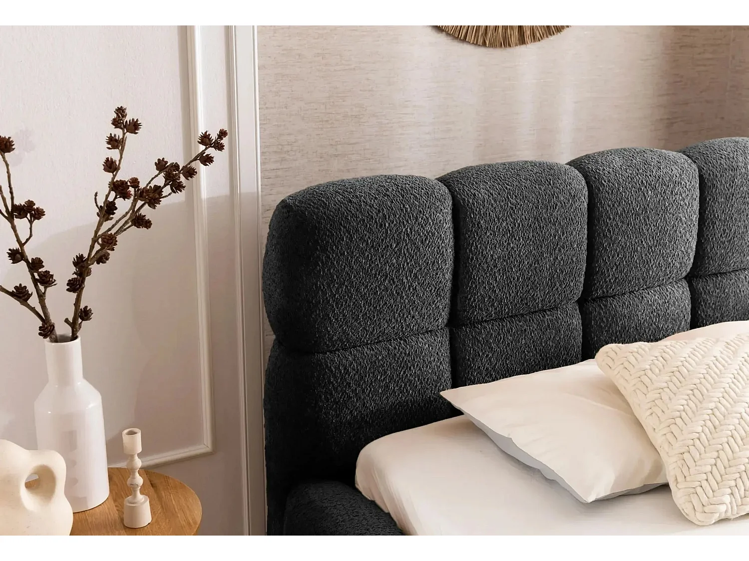 ELISE - Lit coffre tissu bouclette 180x200cm Gris foncé