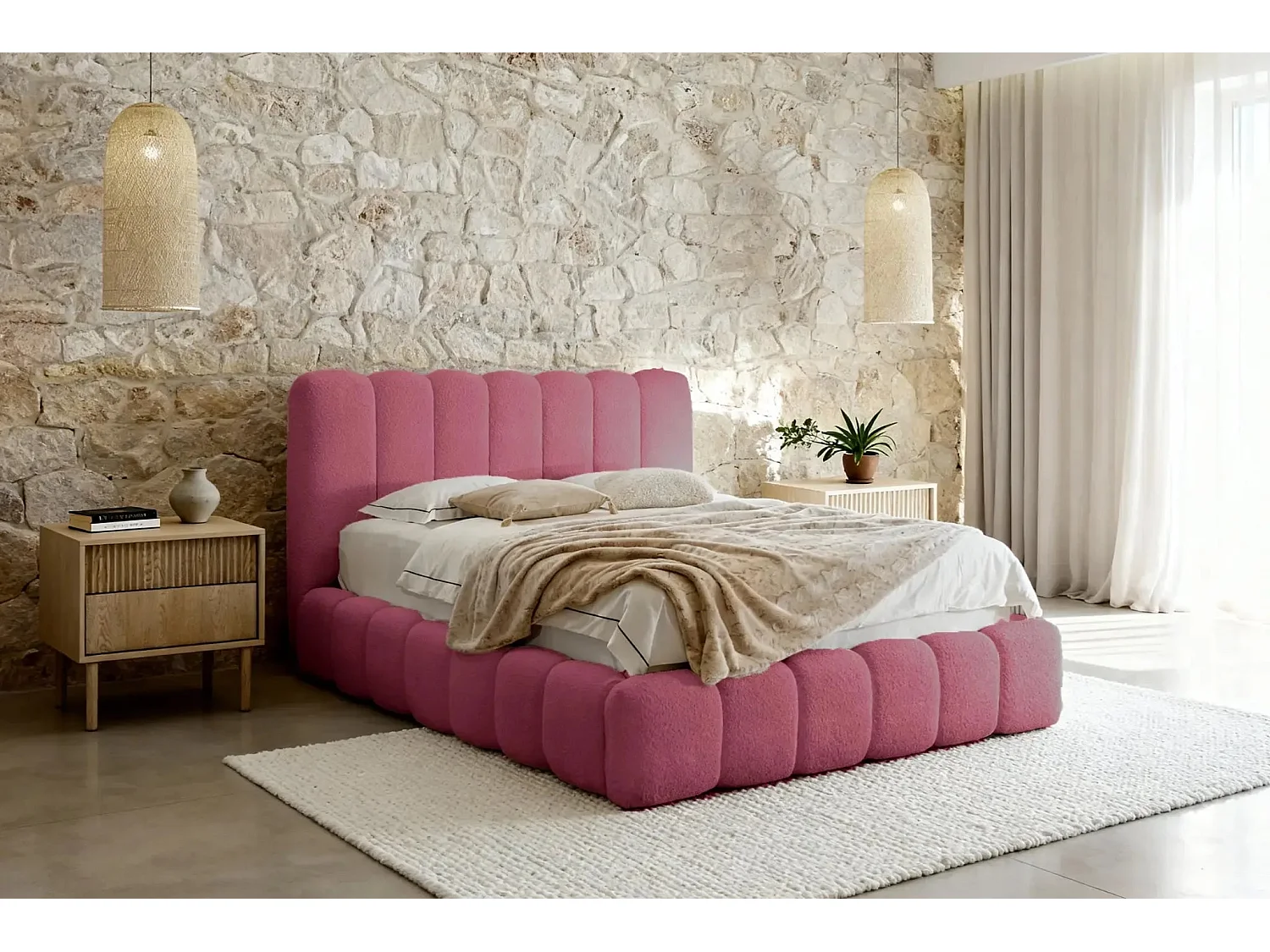 GARANCE - Lit coffre tissu chenille 160x200cm - Rose foncé