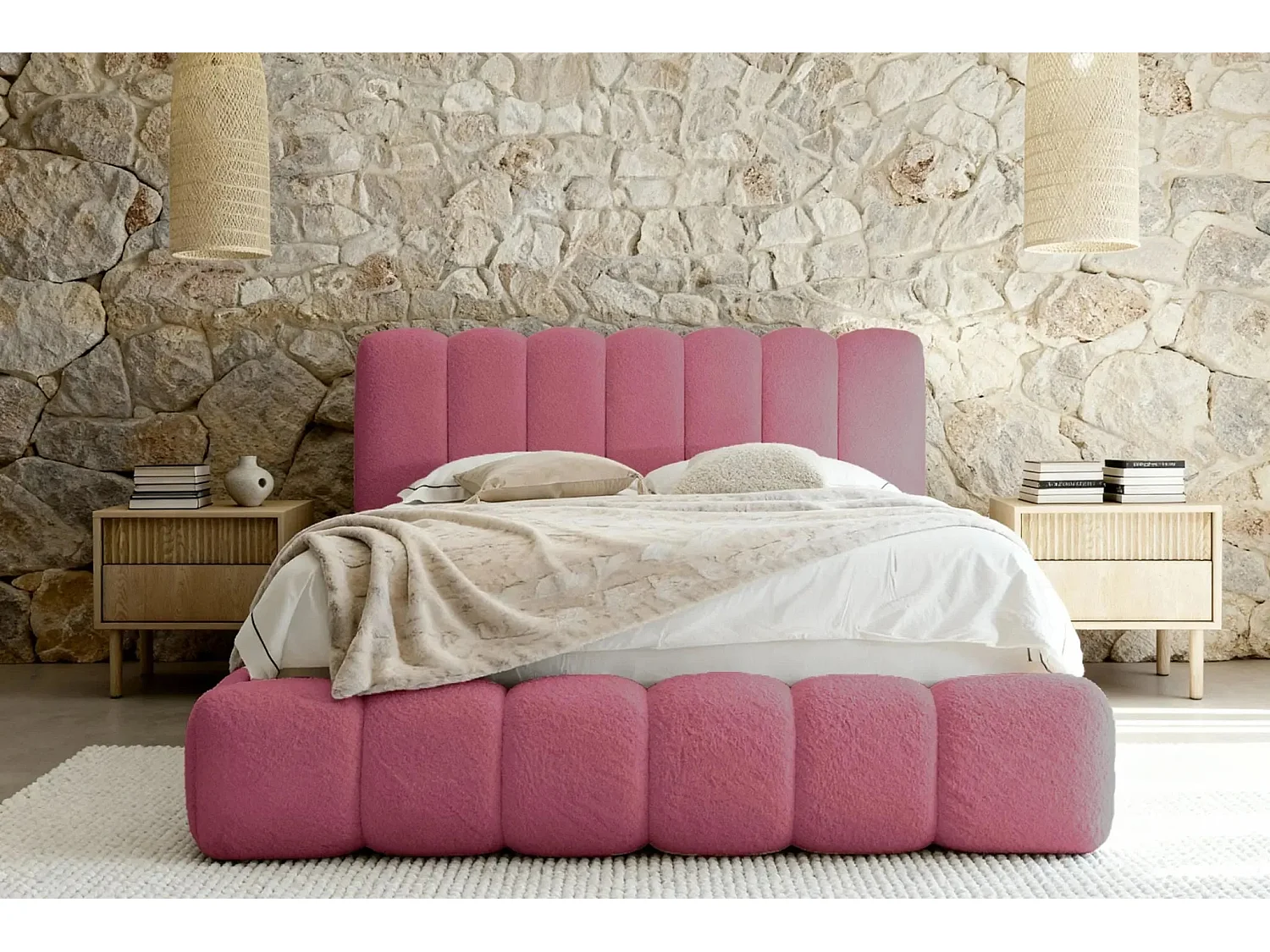 GARANCE - Lit coffre tissu chenille 160x200cm - Rose foncé