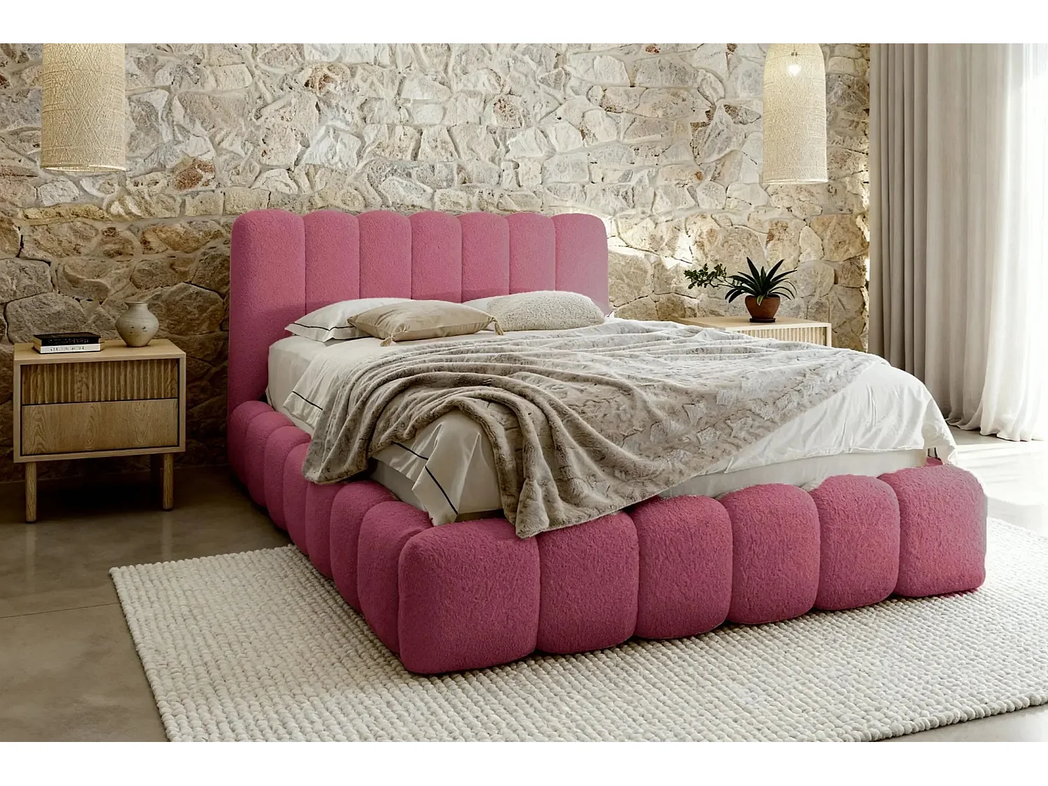 GARANCE - Lit coffre tissu chenille 160x200cm - Rose foncé