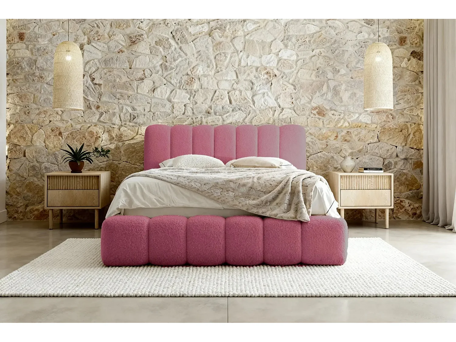 GARANCE - Lit coffre tissu chenille 160x200cm - Rose foncé
