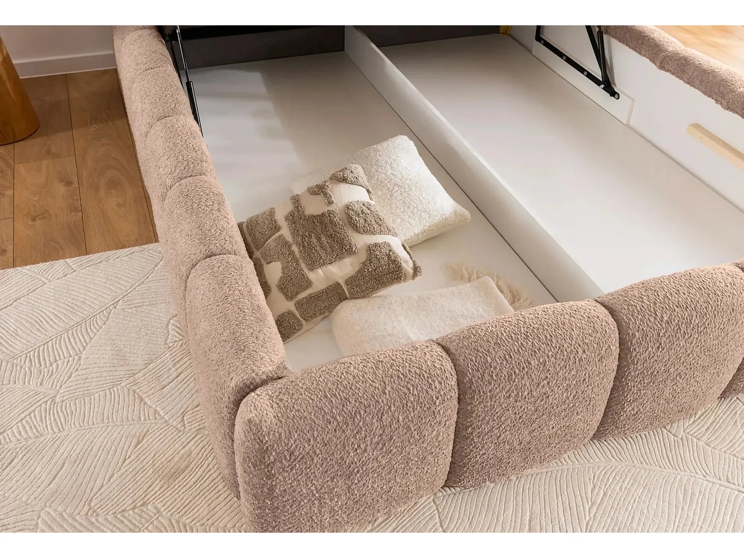 ELISE - Lit coffre tissu bouclette 140x200cm - Rose