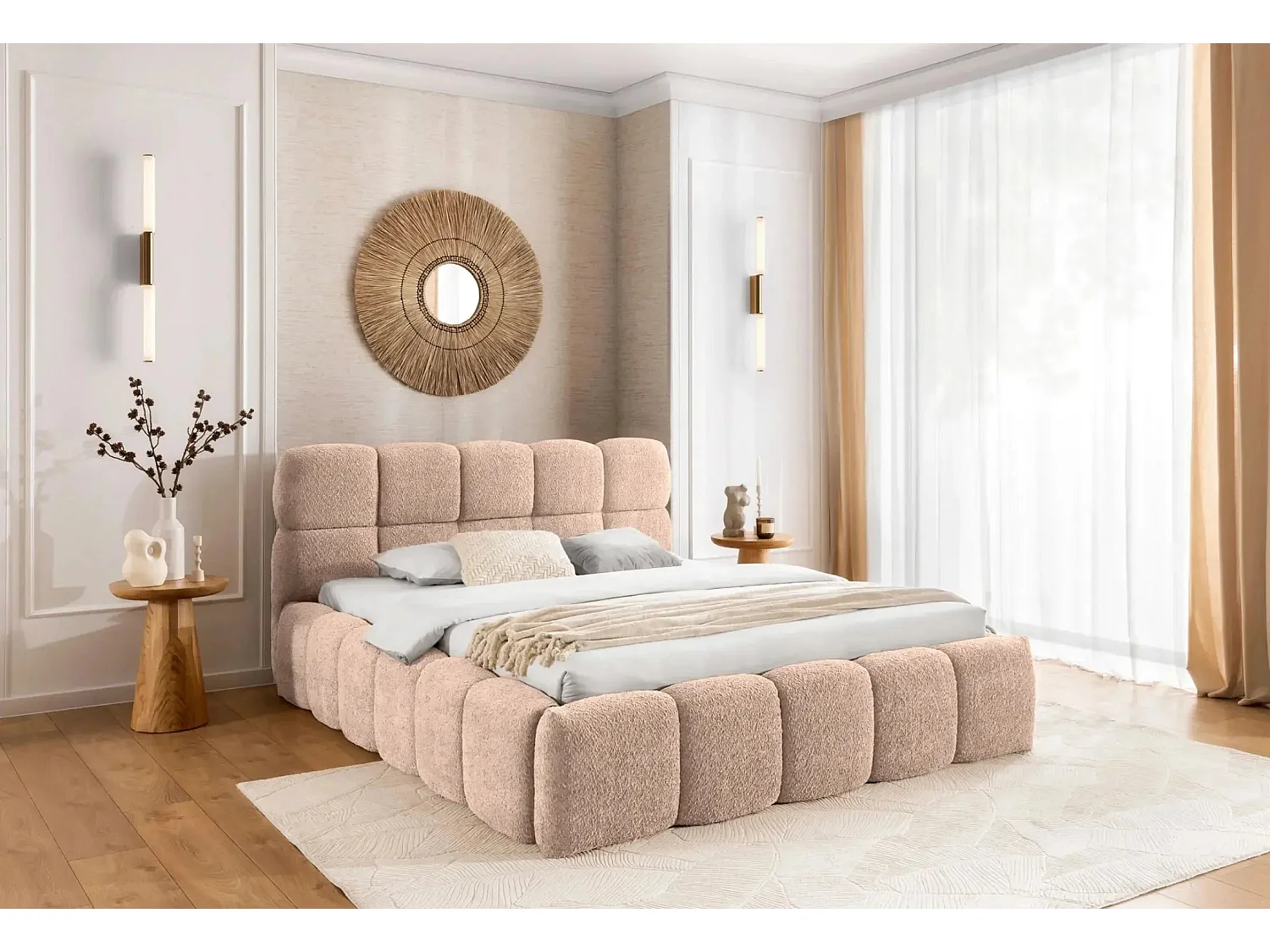 ELISE - Lit coffre tissu bouclette 140x200cm - Rose