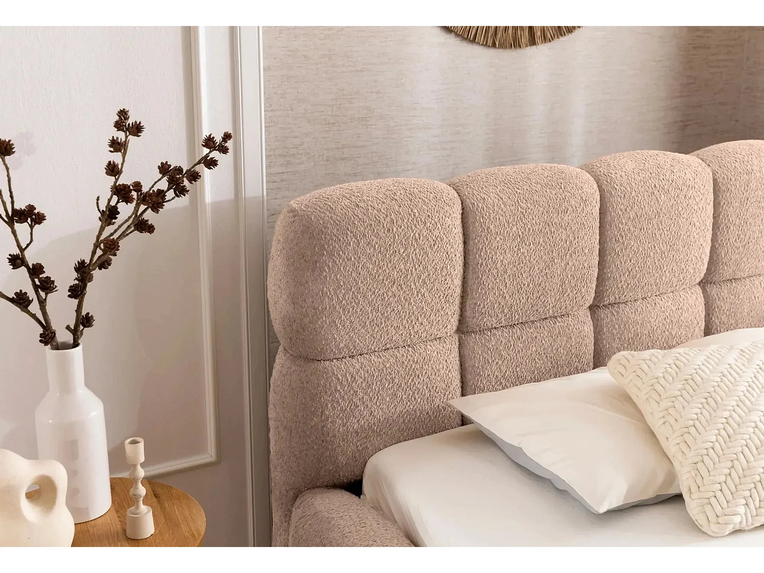 ELISE - Lit coffre tissu bouclette 140x200cm - Rose