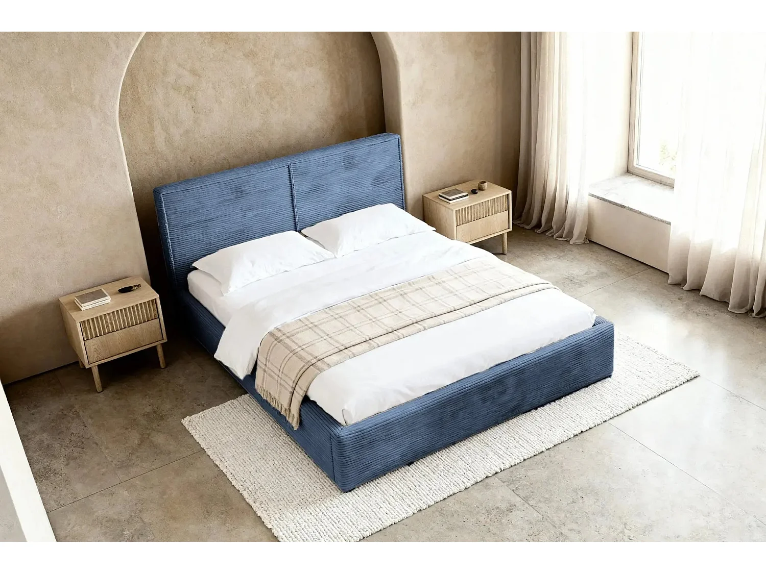 ELOISE - Lit coffre velours côtelé 180x200cm - Bleu