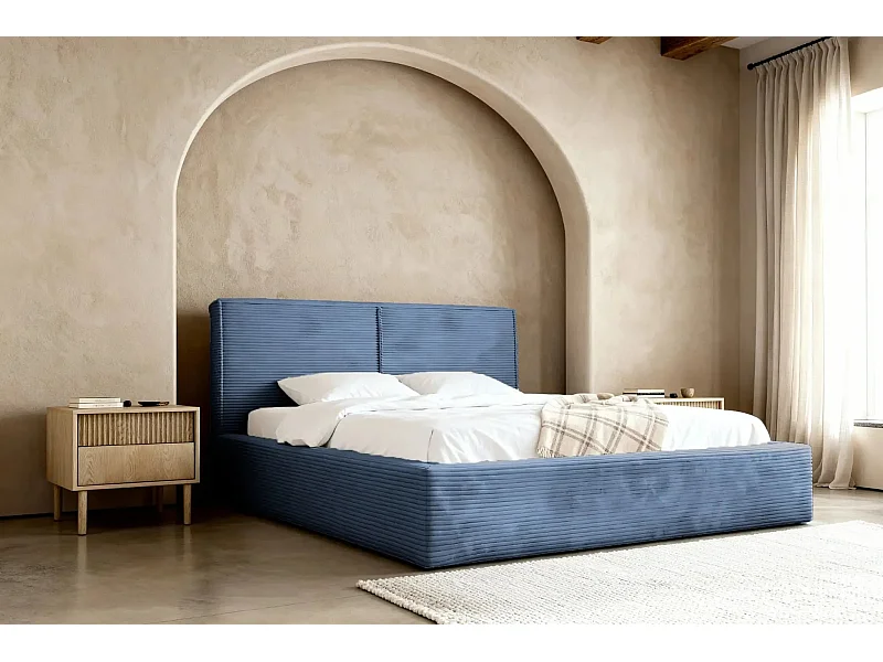 ELOISE - Lit coffre velours côtelé 180x200cm - Bleu